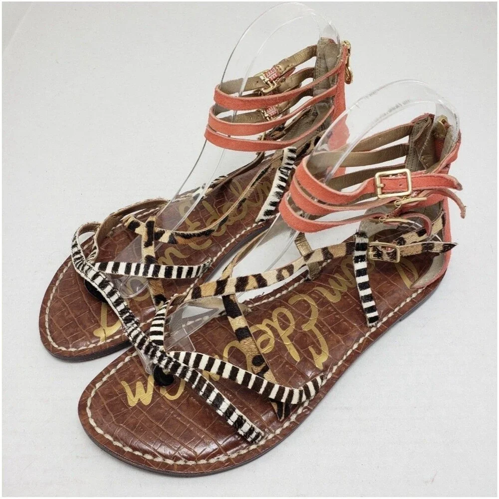 Sam Edelman Gable Women Animal Print Strappy Thong Sandals Size 8.5 M Orange EUC